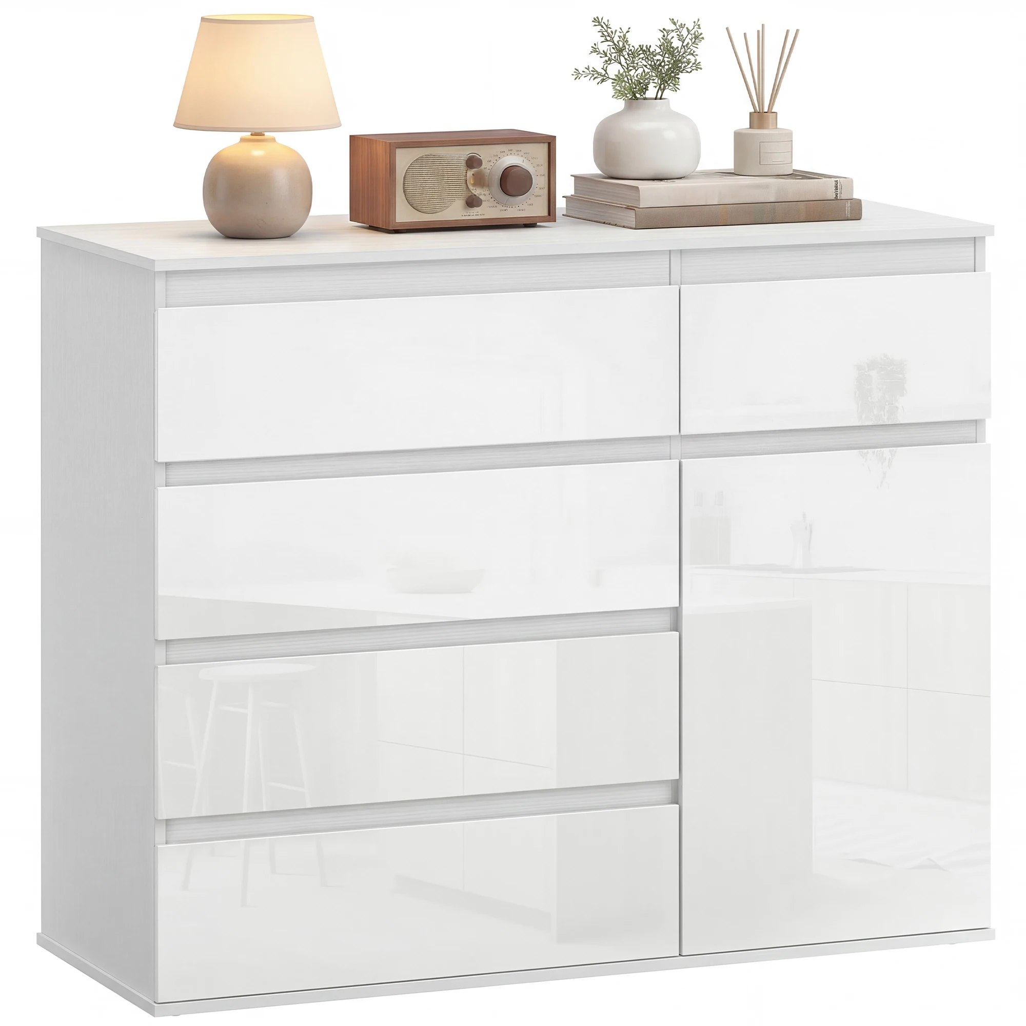 Aparador moderno, aparador de almacenamiento con 5 cajones, estante ajustable, puerta con cierre suave, blanco de alto brillo