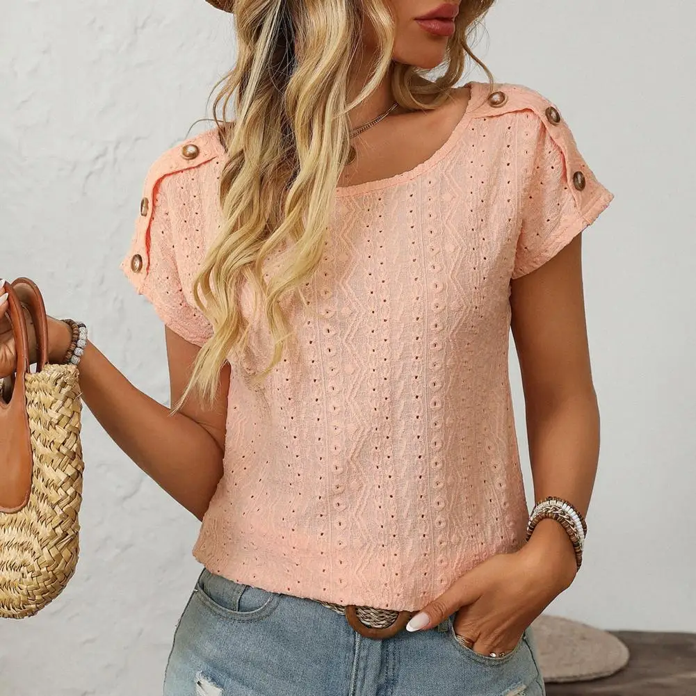 

Summer Women Shirts Elegant Hollow Out Lace Short Sleeve O-neck Casual Chic Oversized White Blouses Solid Color Streetwear Tops