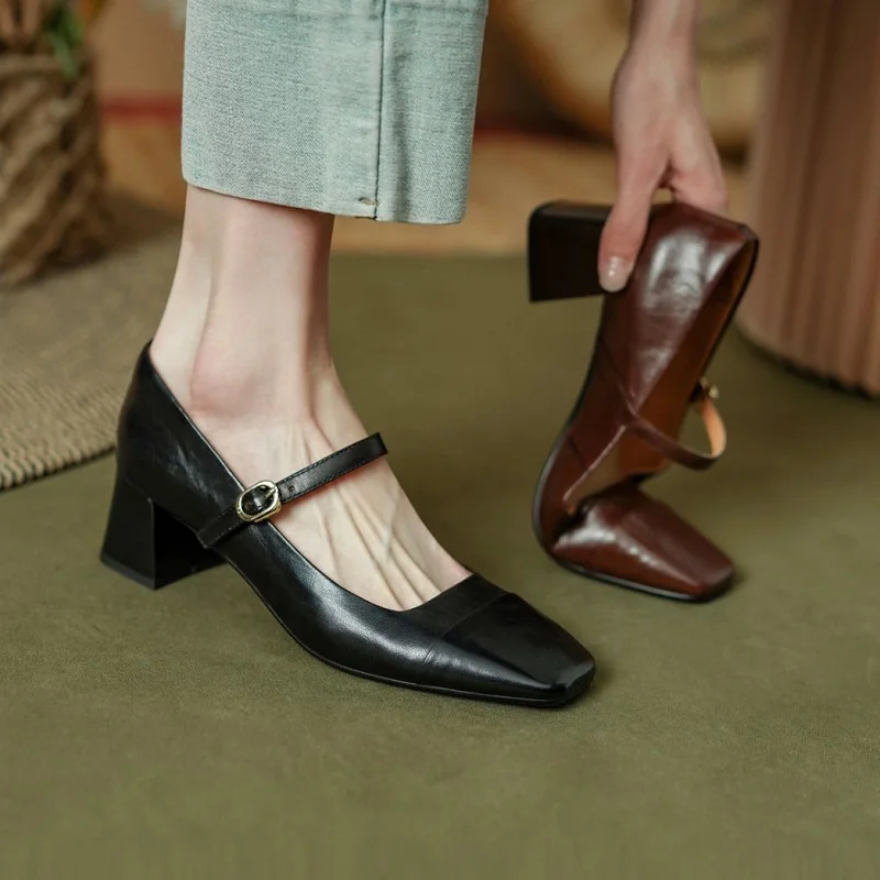 

Sheepskin Pumps Woman Mary Jane One Strap Retro Cozy Med Heels Spring Autumn Buckle Pumps French Style Simple Shoes On Heel