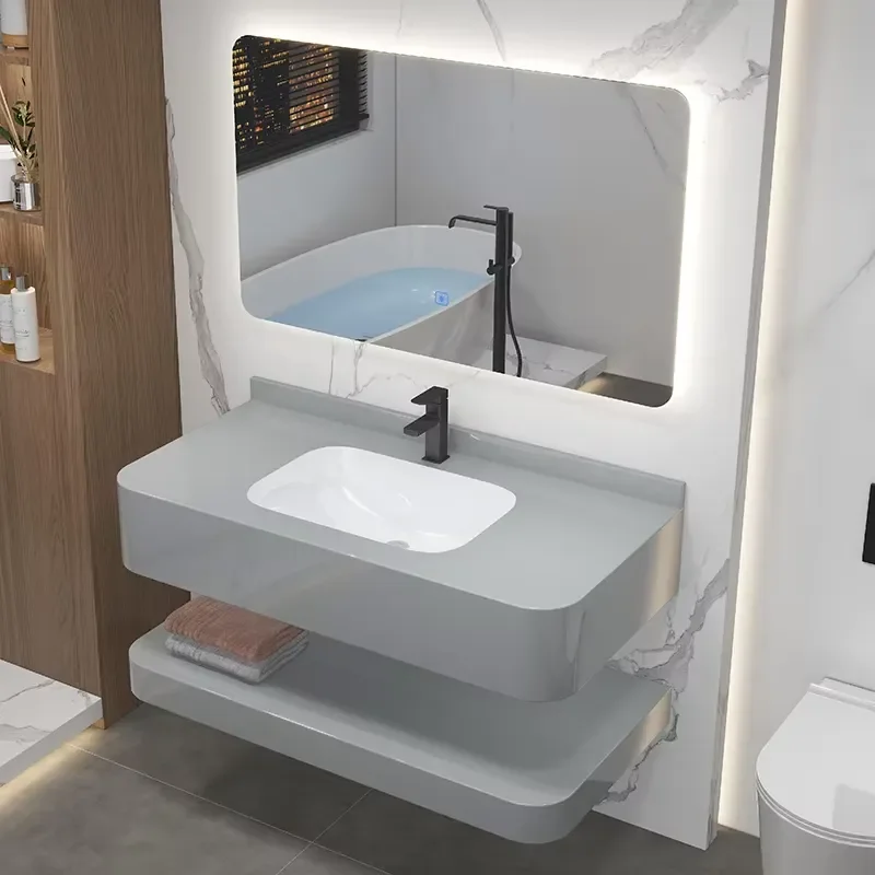 Modern Double Sink Slab Rectangular Under Counter Wash Basin with Smart Mirror and Drainer Easy Clean for Bathroom Cabinet