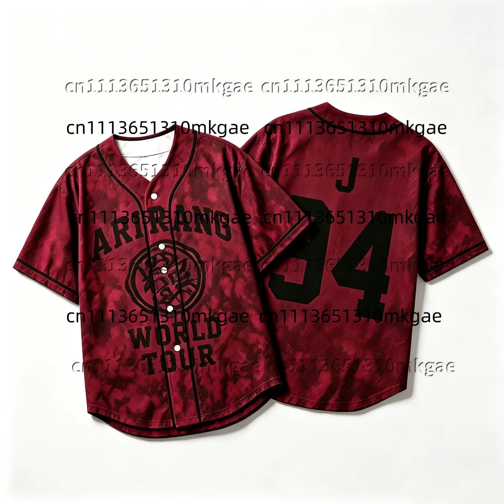 Kpop-Fashion Red Tie‑Dye Baseball Jersey Men Arirang Number Letter 92-97 Print Short Sleeve Button‑Up Hip Hop Streetwear Shirts