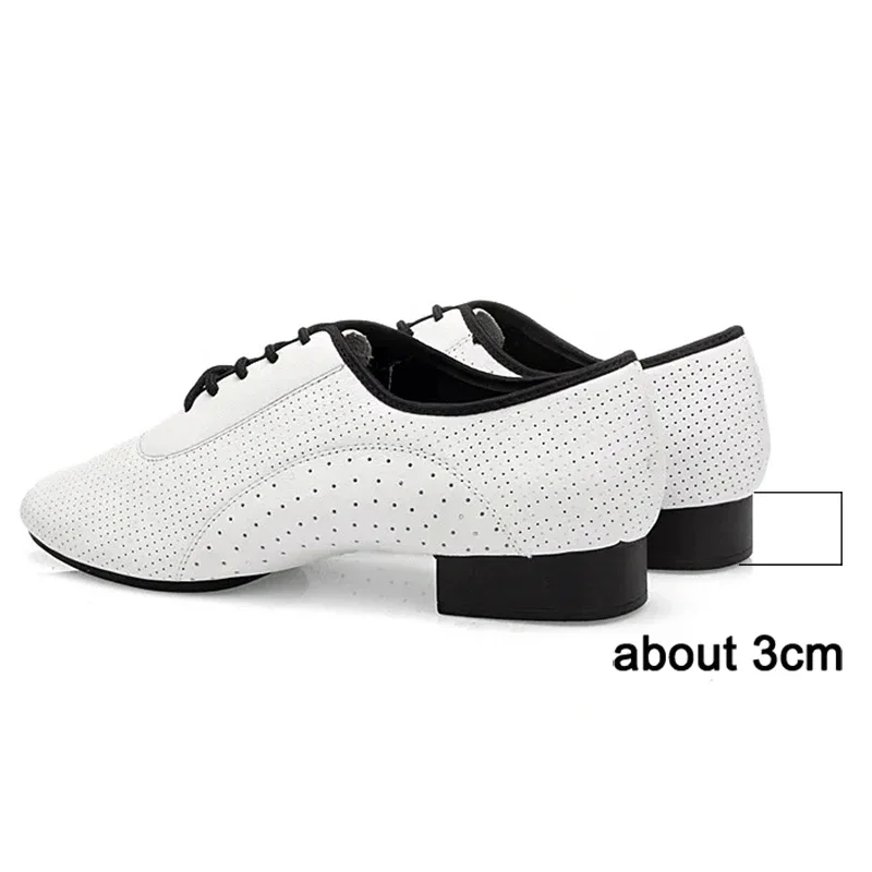 Men Salsa Tango Cowhide Leather Square Heels Adults Party Latin Dance White Low Heel Ballroom Dancing Shoe Rumba Jazz Shoes