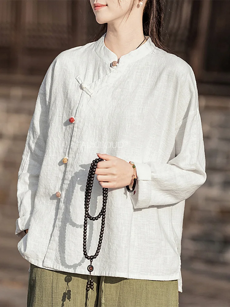 2025 New Chinese Style Linen Shirt - Retro Cross Collar Blouse with Color Blocking, Loose Fit Tea Ceremony Long Sleeve Top