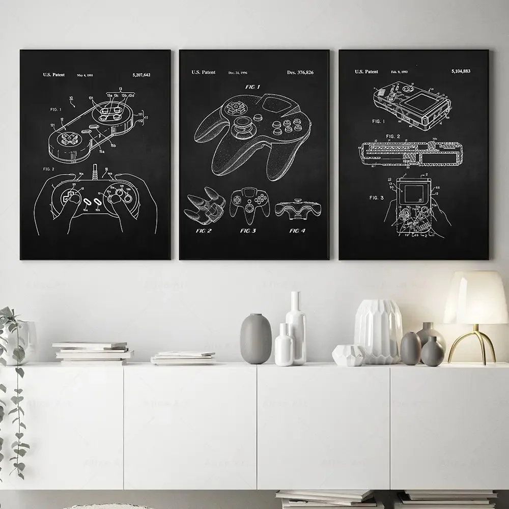 Vintage Video Game Patent Poster Print Gift for Gamers NES Gameboy Console Wall Art Pictures Game Room Decor Canvas Painting