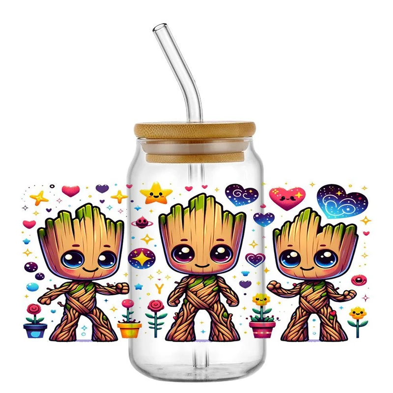 Miniso Groot Cartoon Super Hero Racing For Libbey 16oz Can Glass 3D Transfer Decal Sticker Labels DIY Logo Waterproof