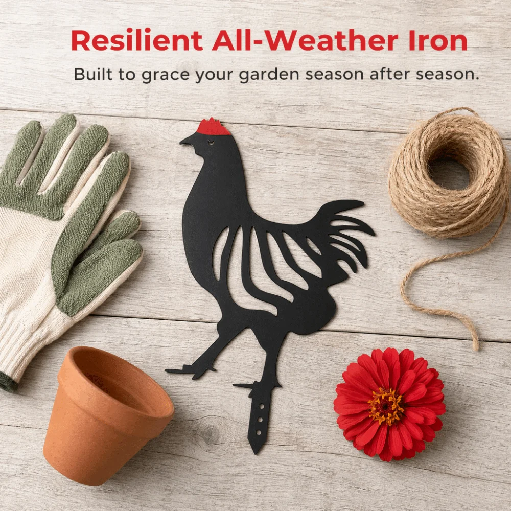 Iron Metal Rooster Hen Garden Stake Decor Hen & Rooster Black Iron Cutout Chicken Lawn Plug Ornament Garden Stake Decor