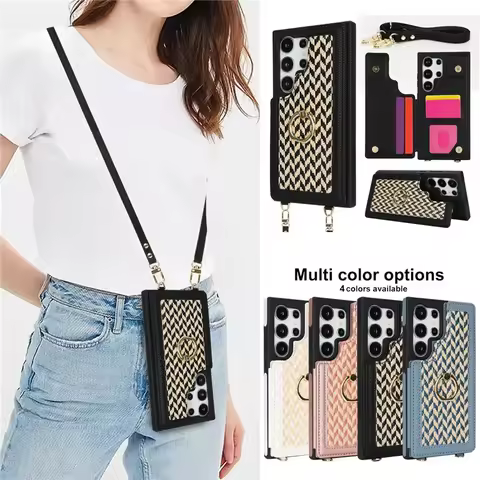 Lanyard Leather Wallet Phone Case for Samsung Galaxy S25 Edge S24 Ultra S23 FE S22 Plus A56 A36 A16 A55 A35 A15 A14 Ring Cover