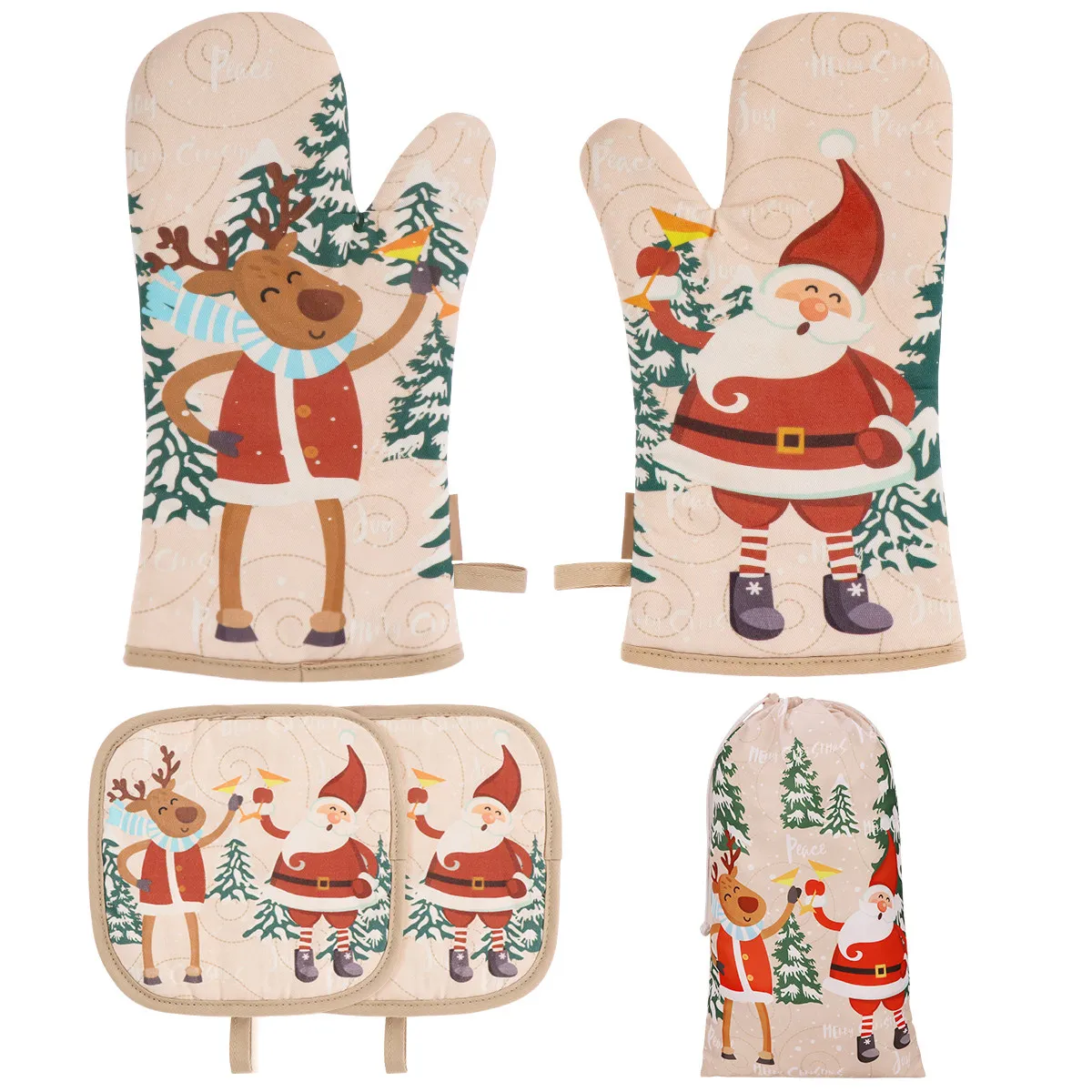 1Set Heat Resistant Oven Mitt and Pot Holder Set Non-Slip Quilted Cotton Protects Hands Arms for Baking Barbecue Kitchen