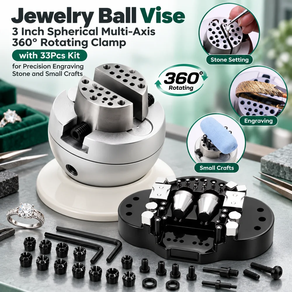 Jewelry Ball Vise, 3 Inch Spherical Multi-Axis 360° Rotating Clamp with 33Pcs Kit for Precision Engraving Stone and Small Crafts