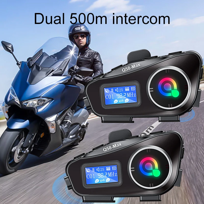 Motorcycle Intercom Helmet Headset BT5.3 500M intercomunicador Moto FM Radio Music Share LCD Display Headphone For 2 Riders