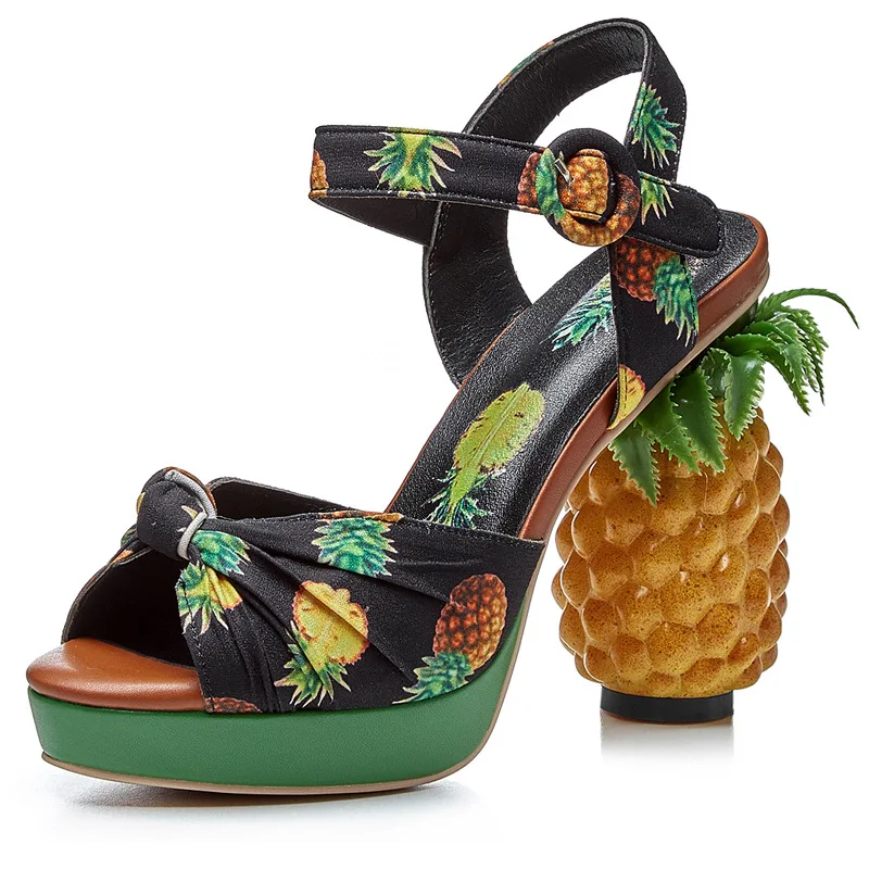 Sandales d'été à plateforme à bout ouvert imprimé ananas rose, chaussures à talons hauts et à lanières avec boucle pour femmes, Sandalias Mujer