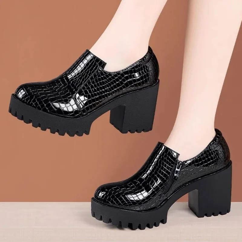 

8cm 10cm Small Size 33-43 Elegant Deep Mouth Bright Leather Shoes Platform Pumps 2025 Fall Block High Heel Shoes Dress Model