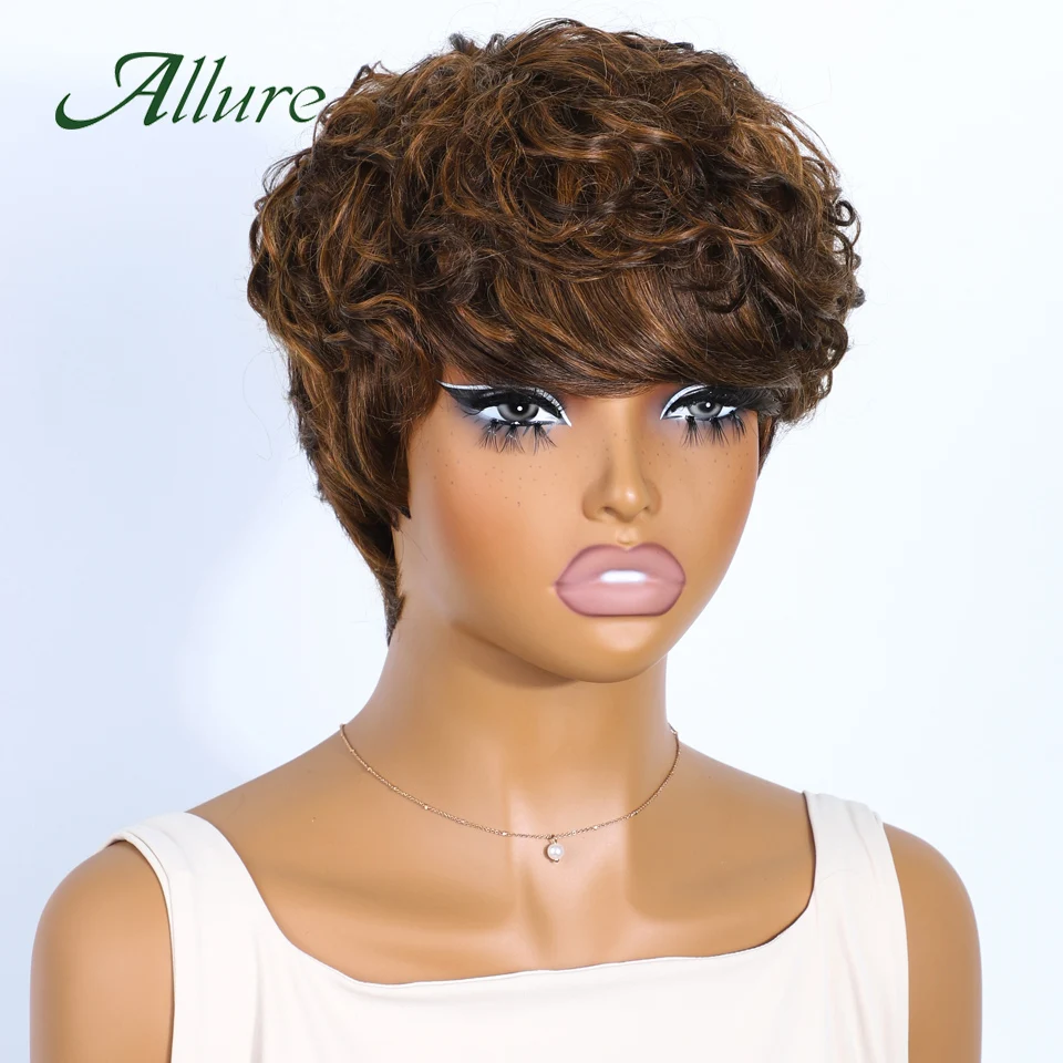 Pixie Cut Wigs For Black Women Curly Hair Colored Human Hair Wig With Bangs Glueless Brazilian Dark Brown Hair Wig 8 inch Allure