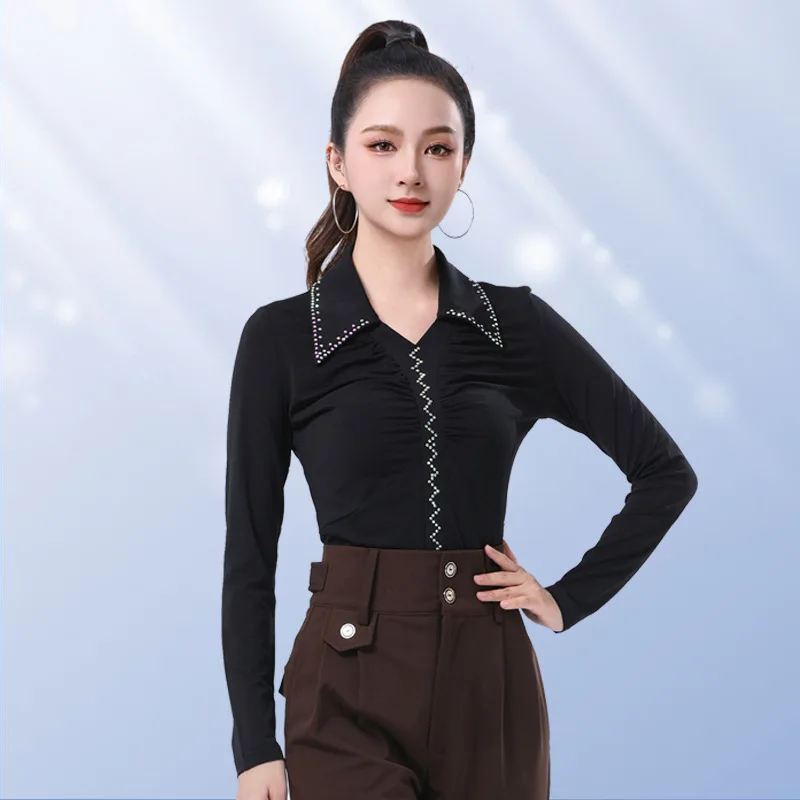 Primavera nuova danza quadrata marinaio sala da ballo danza bavero sottile manica lunga danza moderna top