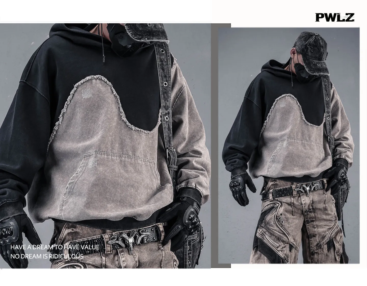 Contrast Color Patchwork Techwear Style Casual Hoodies Man Autumn Tactical Function Washed Distressed Design Long Sleeve Tops