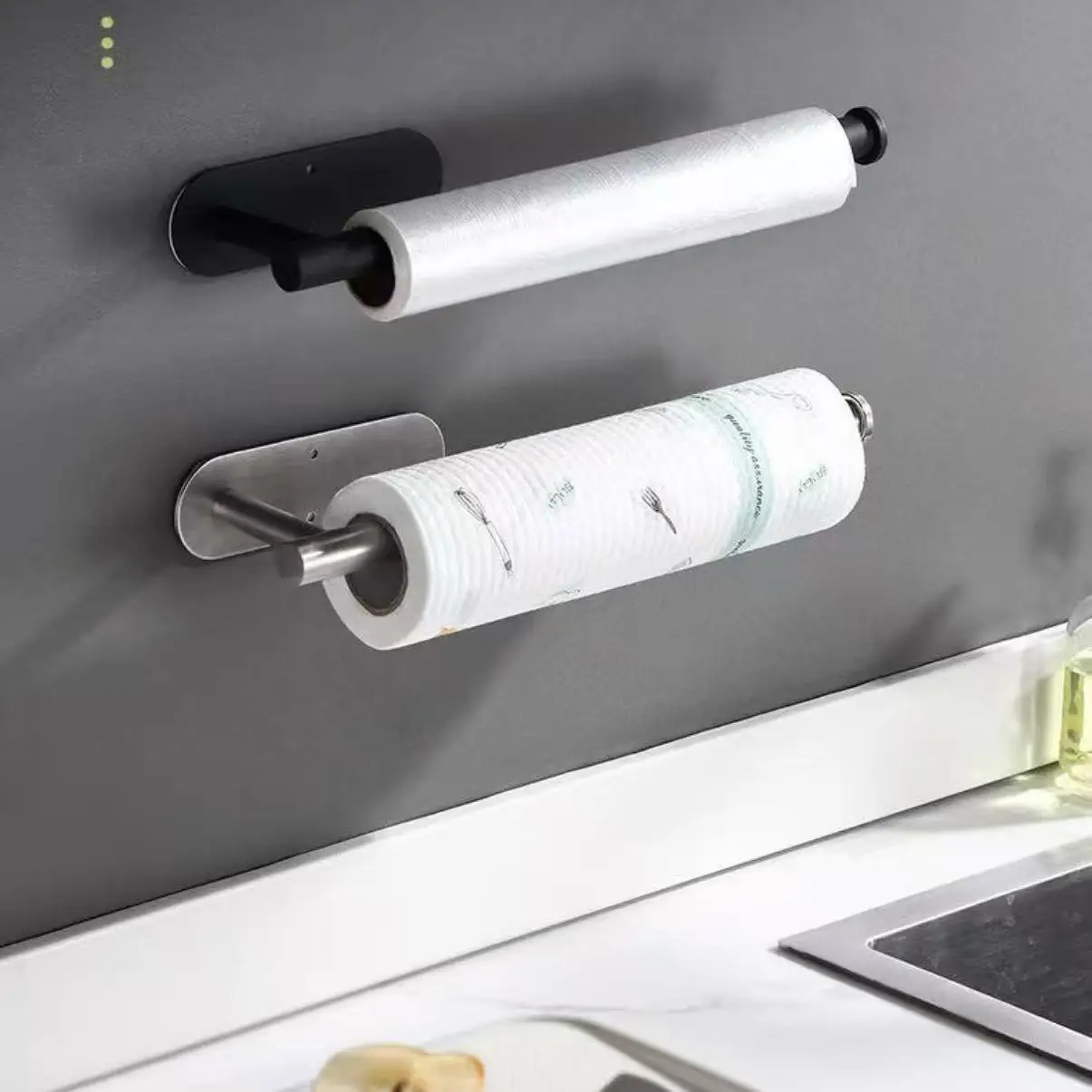 Stainless Steel Silver / Black Paper Towel Wipe Hanging Rack Can Store Cling Film Wipes Roll Paper Rack For The Kitchen Bathroom
