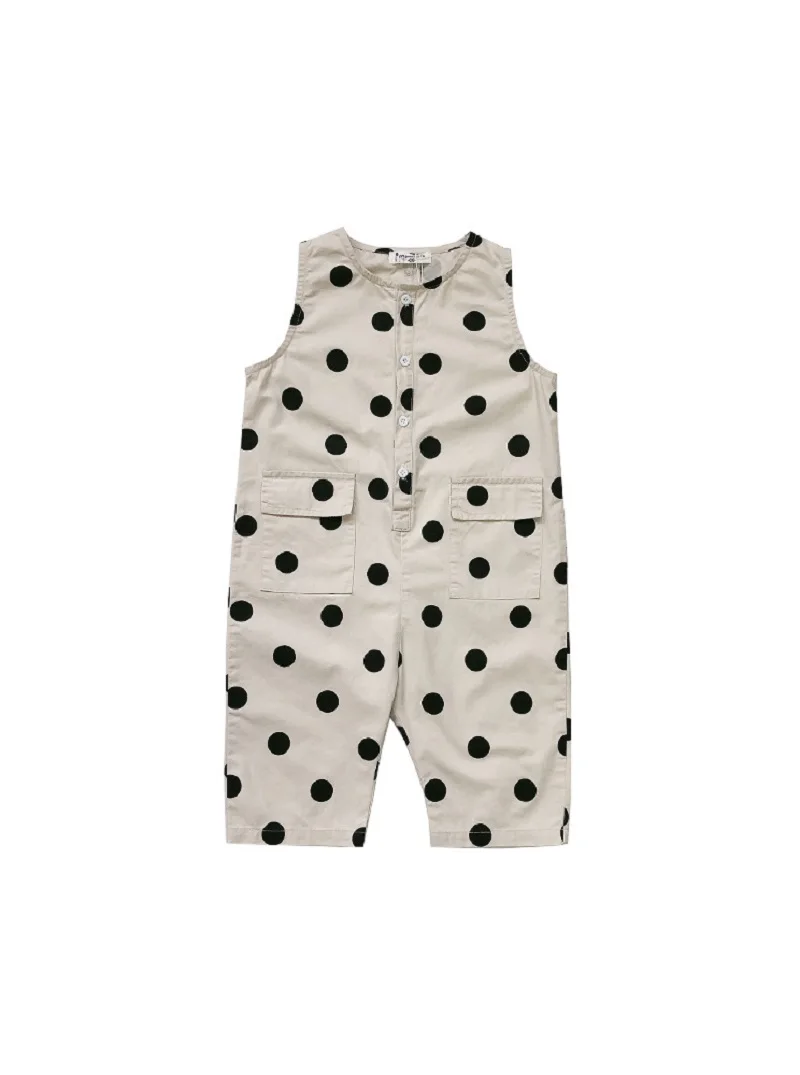 Summer Baby and Girls Cotton Dots Sleeveless Single-Breasted Bodysuits School Kids Lovely Jumpsuits Child Overalls Outfit 2-8Yrs