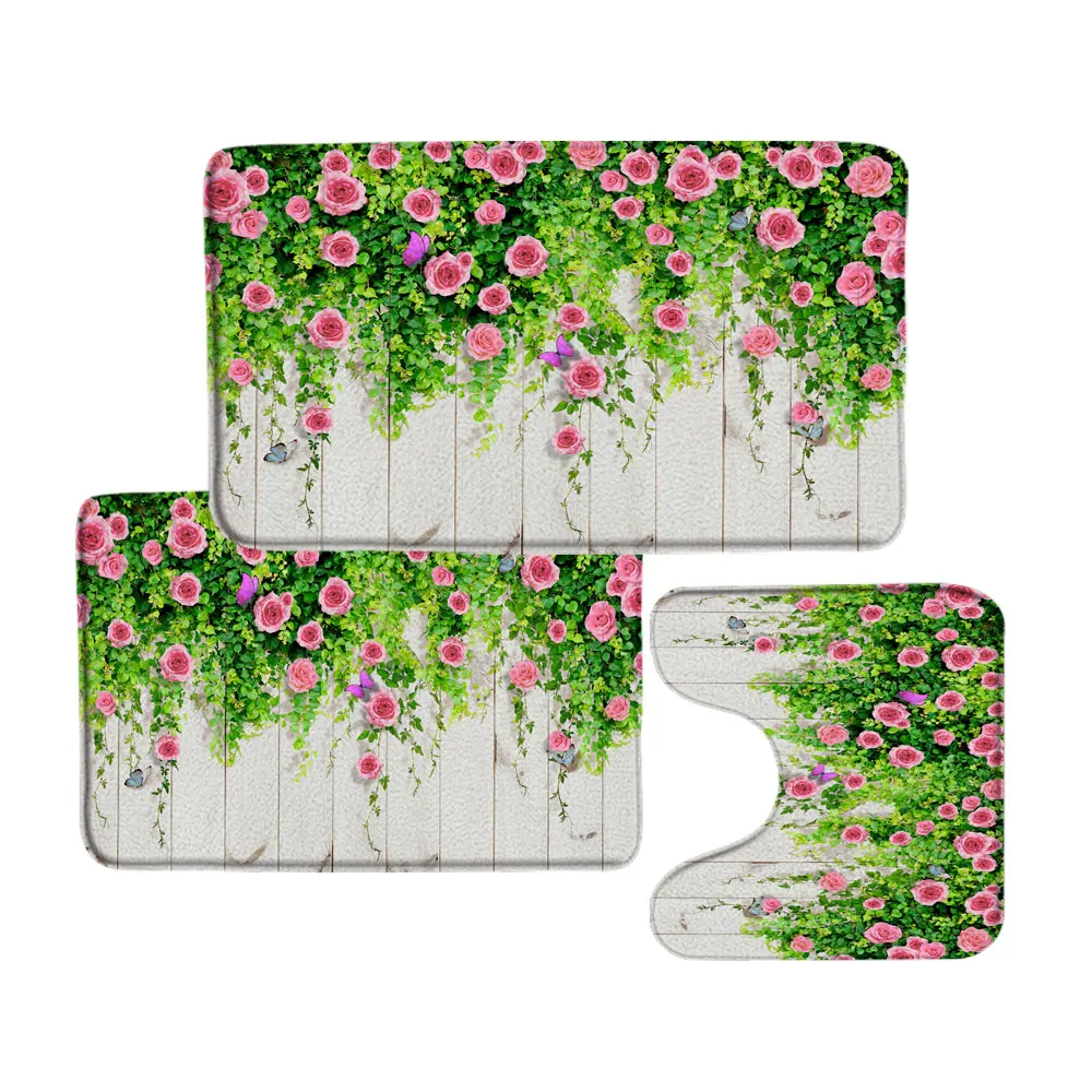 

Floral Wall Bathroom Rug And Mat Set Pink Rose Fence Park Landscape Bath Mat Foot Mat Bathroom Decorative Bathroom Accessories