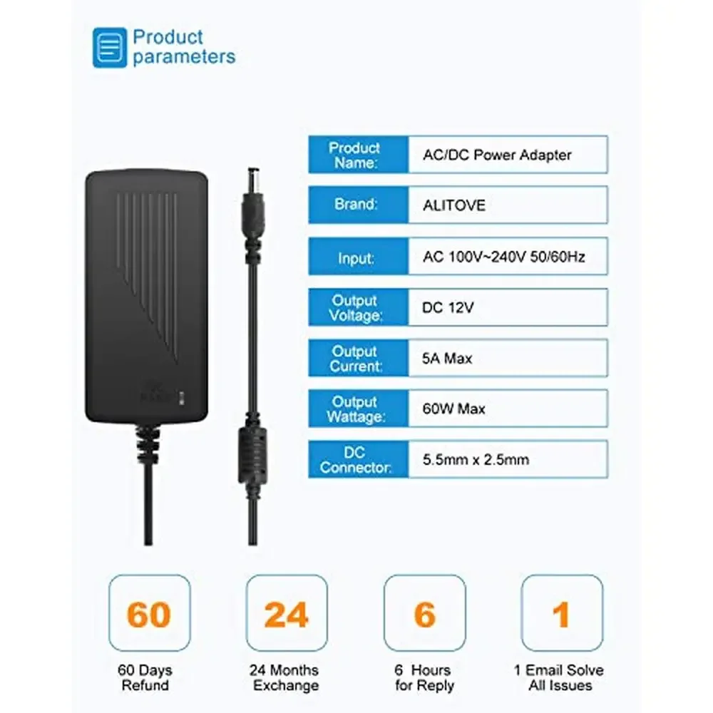 12V 5A Power Supply 60W AC to DC Converter LED Driver Transformer Devices Under 5A 60W 5.5x2.5mm Plug Overload Protection FCC CE