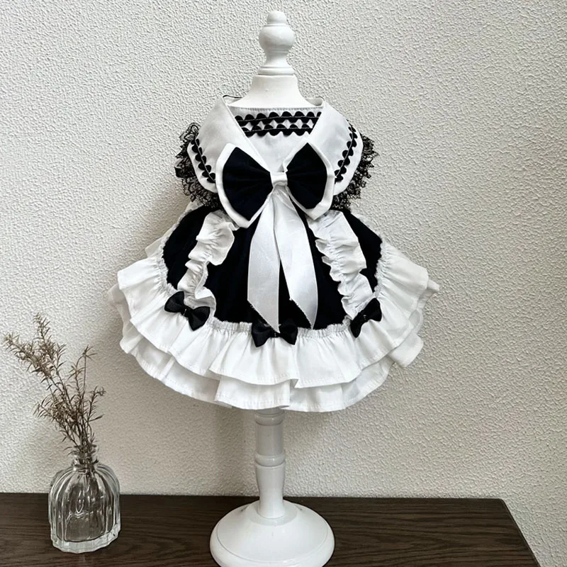 Black White Lolita Pet Dog Clothes Pure Cotton Handmade Cute Big Bow Princess Dress For Small Medium Dog Yorkshrie Dog Clothing