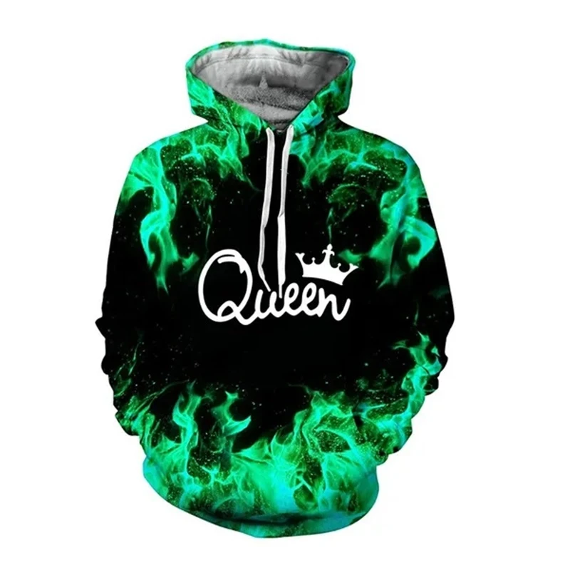 Queen King Word Hoodies 3D Printed Long Sleeves Crown Design Outdoor Hooded Sports Cool For Men Kids Oversize Loose Swearshirts