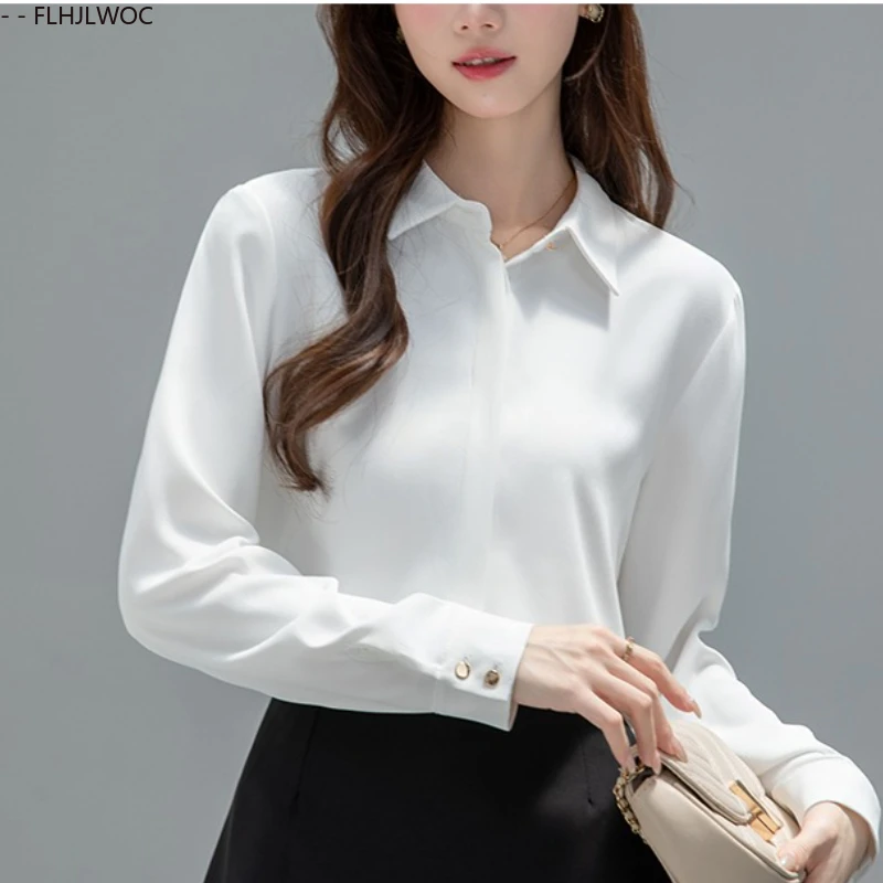 フレンチデザイン白シャツ新 FLHJLWOC ファッション女性秋長袖オフィスレディ黒エレガントな通勤ワークトップスブラウス