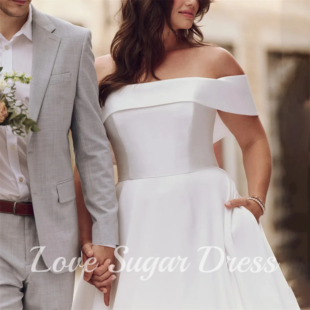 Plus Size A Line abiti da sposa con tasca elegante abito da sposa con spalle scoperte abito da sposa plissettato lungo treno abiti para mujer