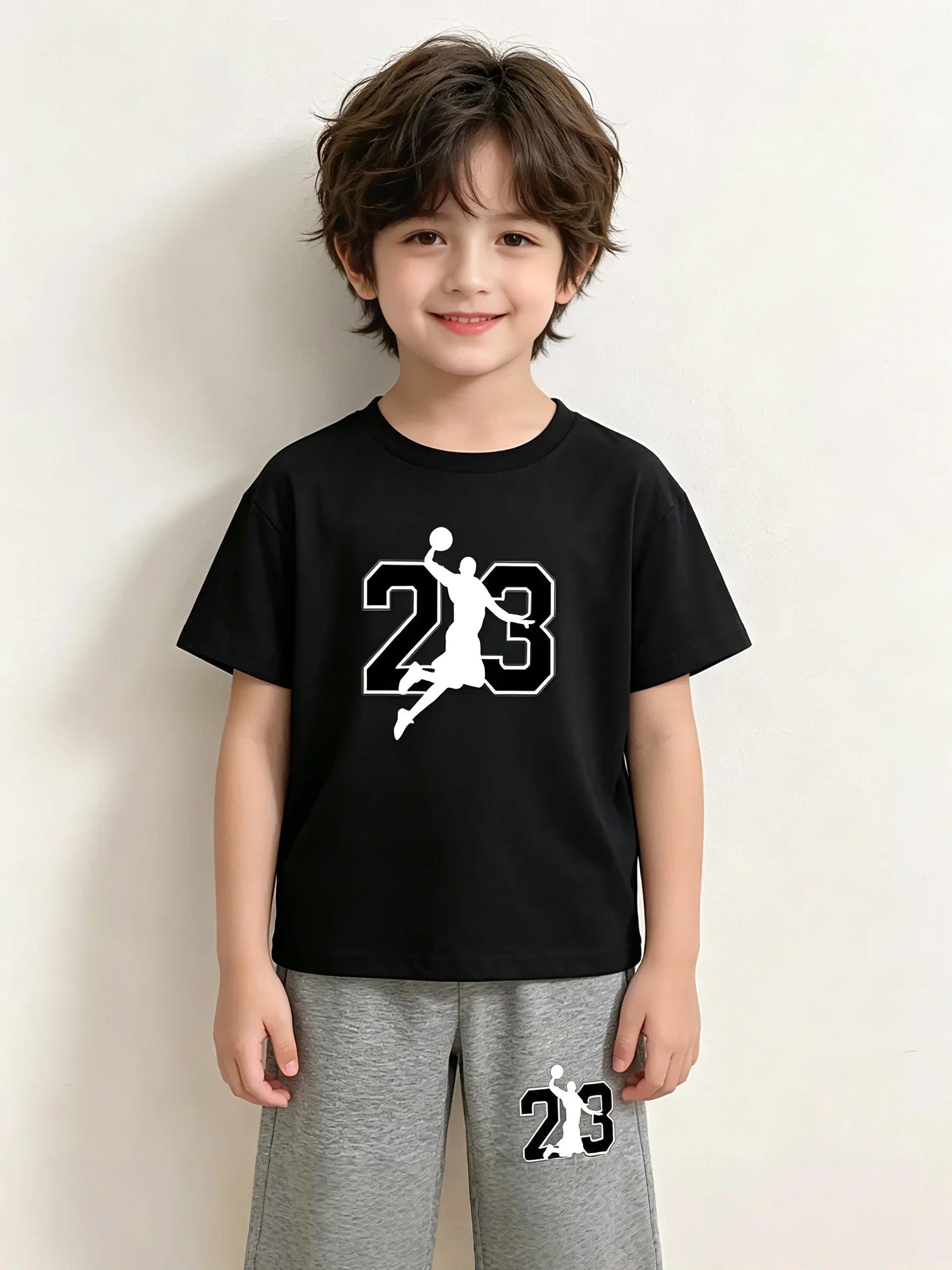 Ensemble Sport Enfants 2Pcs T-shirt Manches Courtes Noir Blanc Décontracté Respirant - Garçons Filles 3-13 Ans Tenue Quotidienne