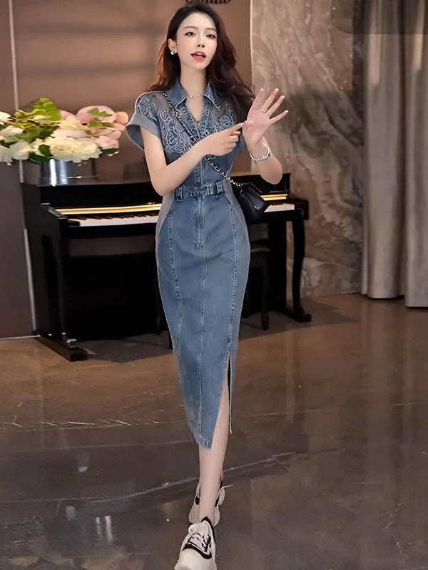 High-End Retro Hong Kong Sle Denim Dr Women's Summer Slimming Bodycon Skirt ort Sve Mid-Length Zipper Closure