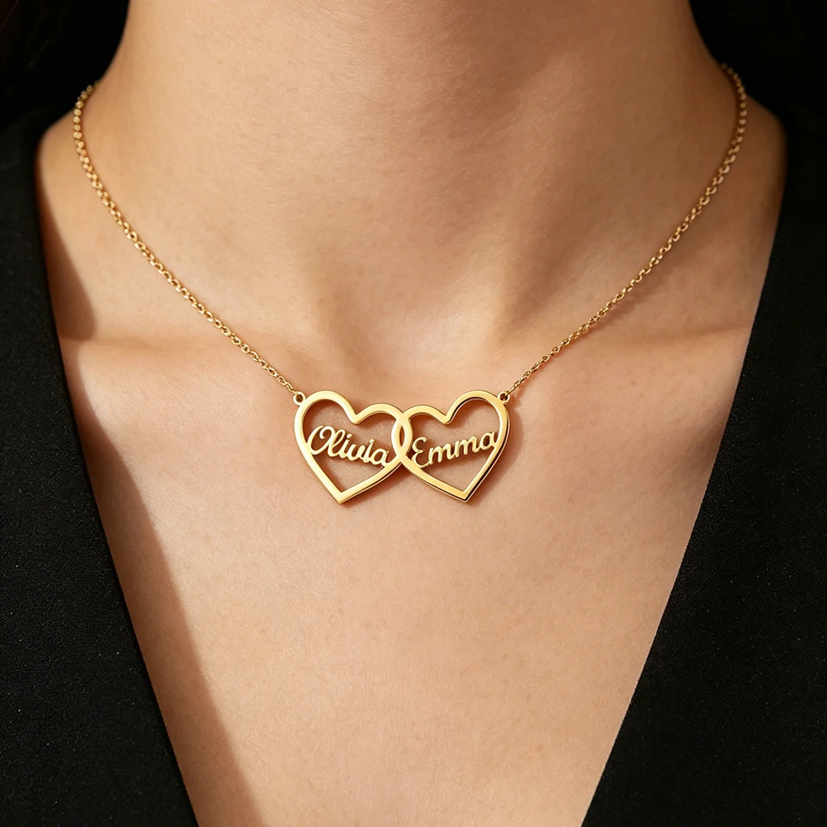 Custom Double Hearts Two Name Necklaces For Women Men Stainless Steel Customized Necklace Pendant Personalized Neck Jewelry Gift view 5