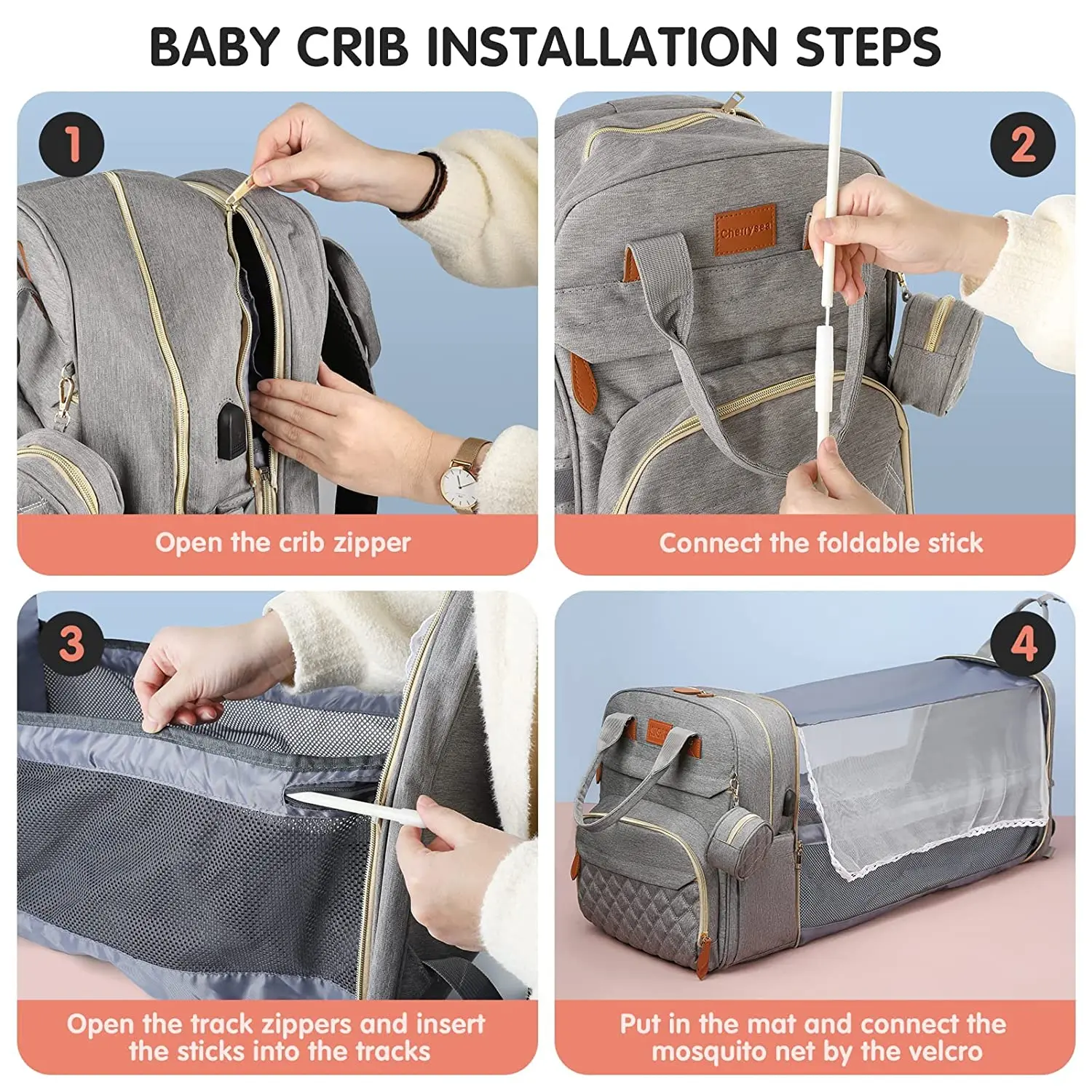 Diapers Bags Mommy Baby Backpack Bed Waterproof Travel Bag Changing Pad Shade Mosquito Net USB Charging Sac A Langer Bébé