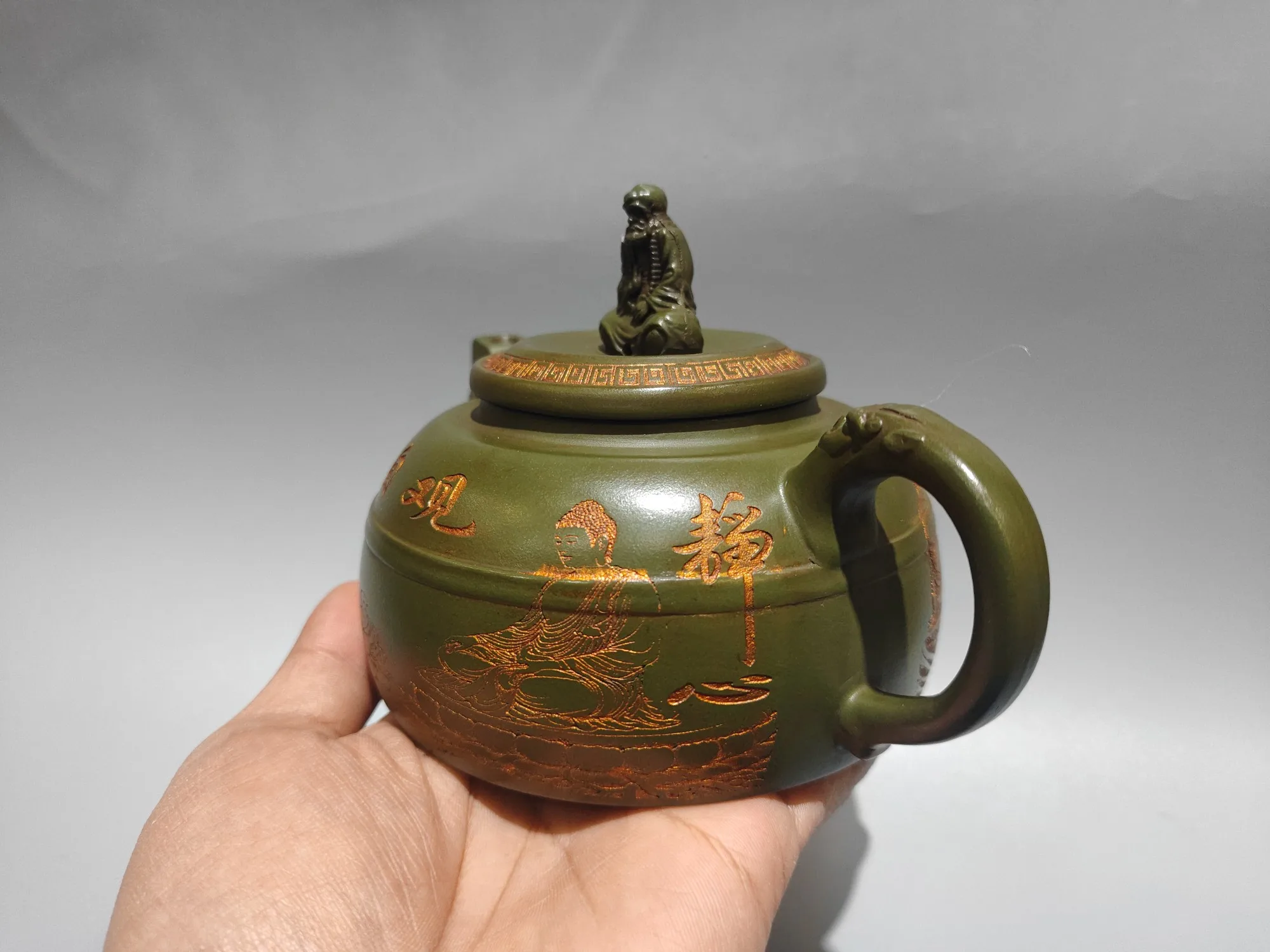 Purple Clay Teapot Old Green Mud Outline in gold Bodhidharma Free Guanyin Pot Kettle Teapot Flagon Gather fortune Office