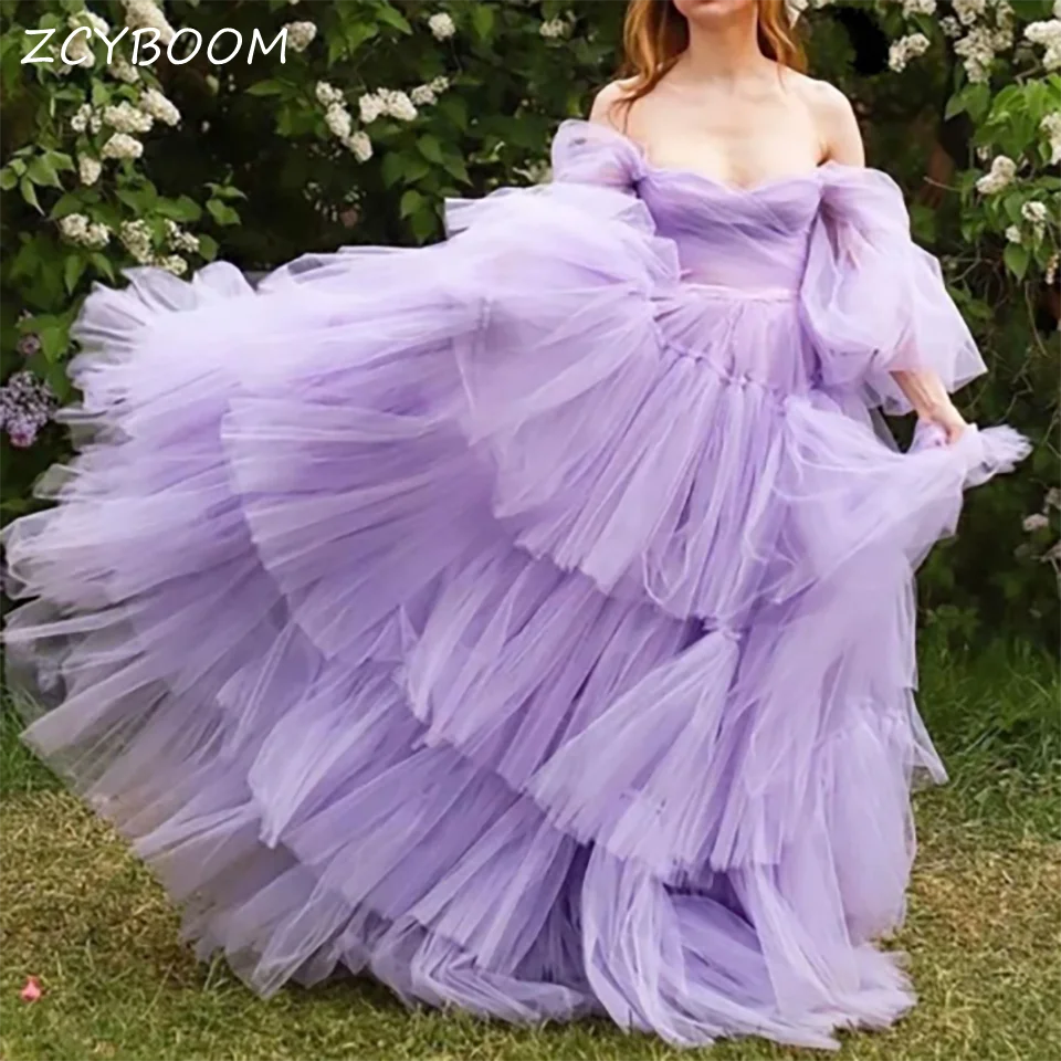 

Charming Sweety Princess Lavender Ruffles Evening Wedding Dresses 2024 Puff Sleeves Lace Up Illusion Tulle Bridal Gown For Women