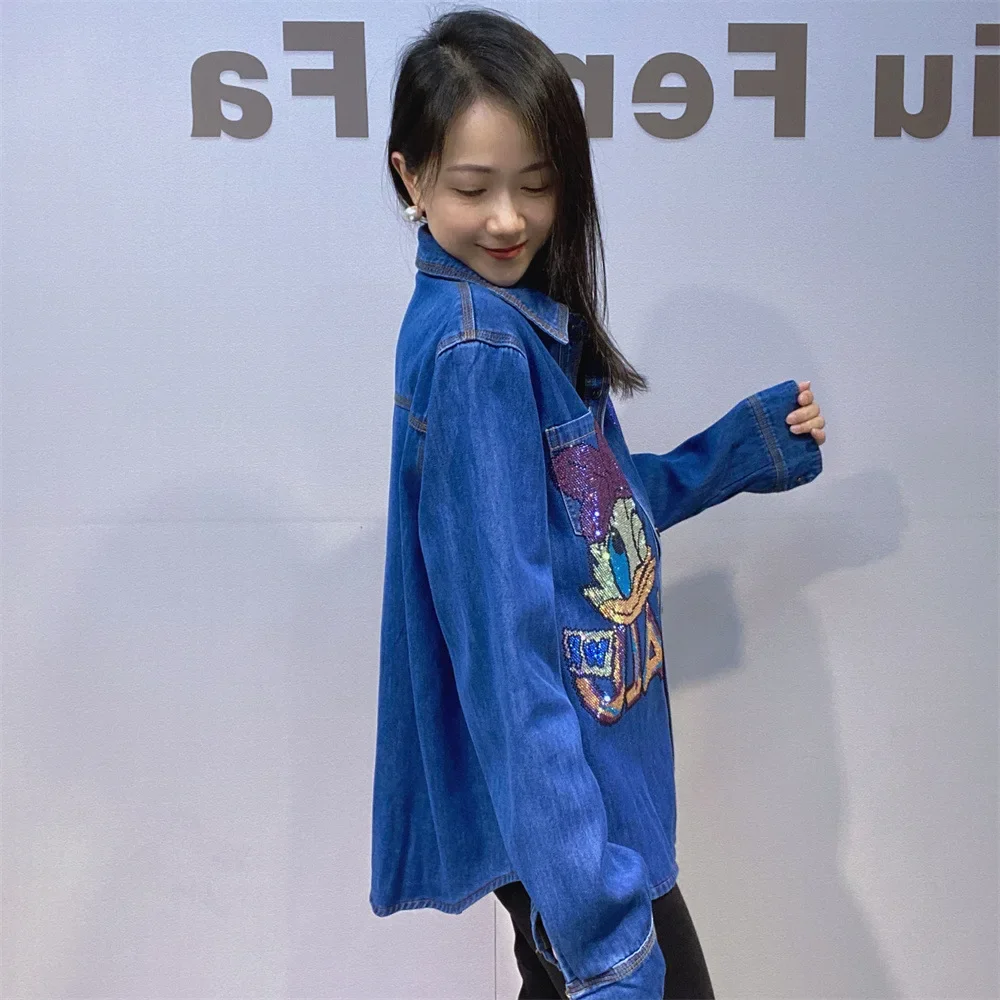 2025 Anime Diamanten Denim Shirts Met Lange Mouwen Dames Fleece Kleding Losse Halflange Jeans Blouse Kosten Mellфто Sean Sean Sierra Na__