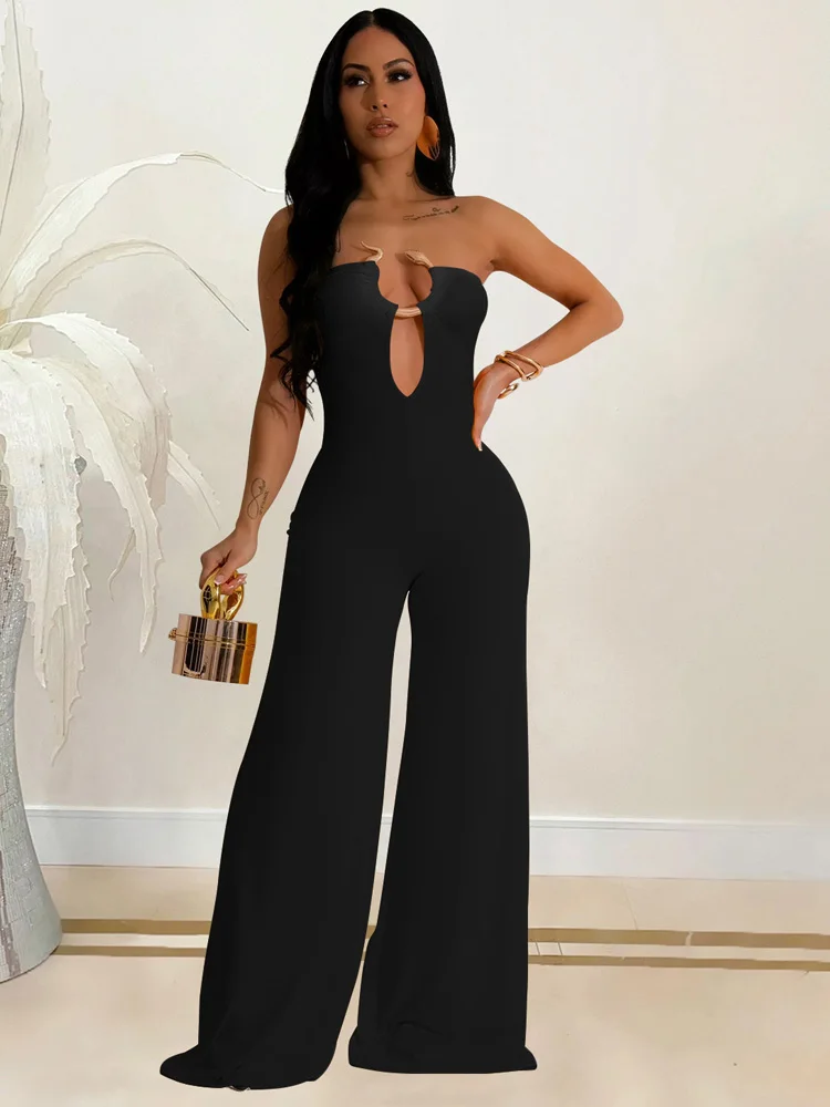 Kricesseen Solid Hollow Out Patchwork Strapless Wide Legs Jumpsuits Snake Metal One Piece Outfits Rompers Night Club Overalls