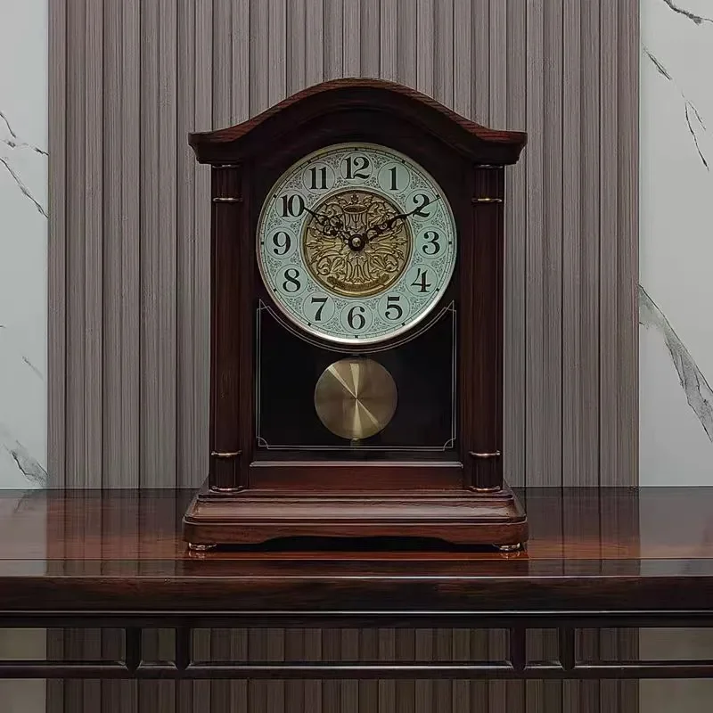Jinzhongbao Solid Wood Retro Pendulum Clock Silent Quartz Table Clock for Living Room Desktop Home Decor Hourly Chime