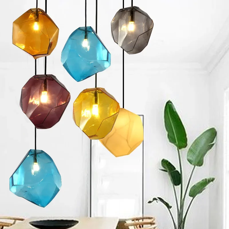 Stone Glass Pendant Lamp Color Ice Suspension Light Blue Yellow Purple Smoke Hotel Cafe Bar Kitchen Hanging Ceiling Chandelier