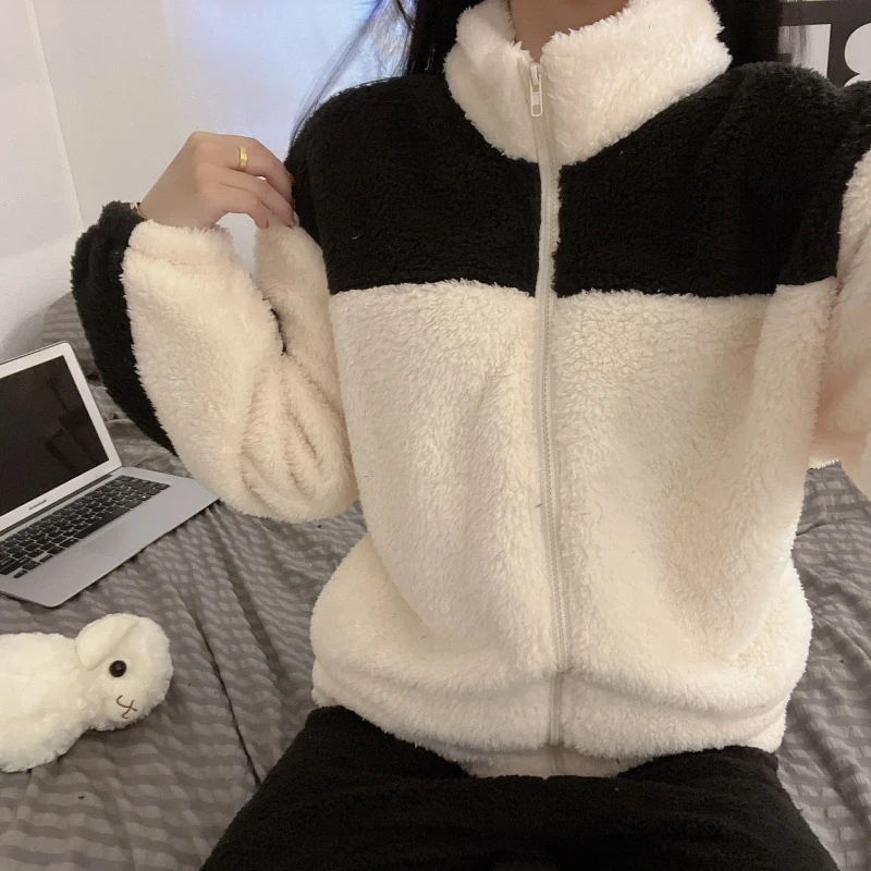 Plush winter high collar zippered pajamas women\'s sports leisure cardigan thickened coral velvet housewear suit splicing flannel