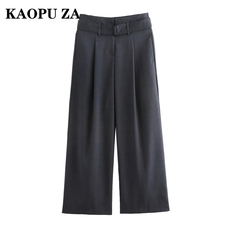 KAOPU ZA 2024 Autumn New Female Classic High Waist Long Pants Vintage Lady Solid Color Ruffles Loose Fit belt Pockets