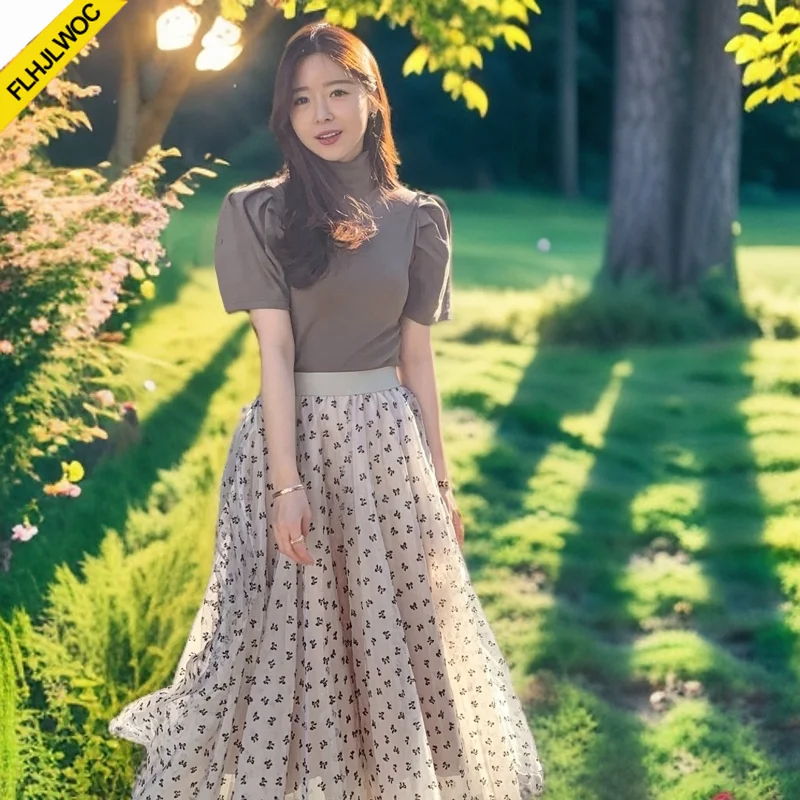 High Waist Cute Skirt Long New Design Autumn Spring Women Japan Girls Style Sweet Village Bowknot Butterfly Printing Skirts