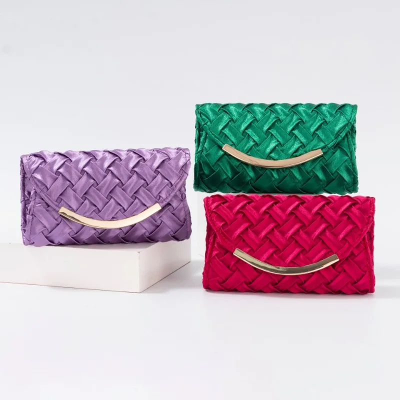 

Elegant Silk Satin Woven Clutch Purse Women's Sweet Champagne Handbags Wedding Formal Evening Bags Criss-cross Bolsos Mujer