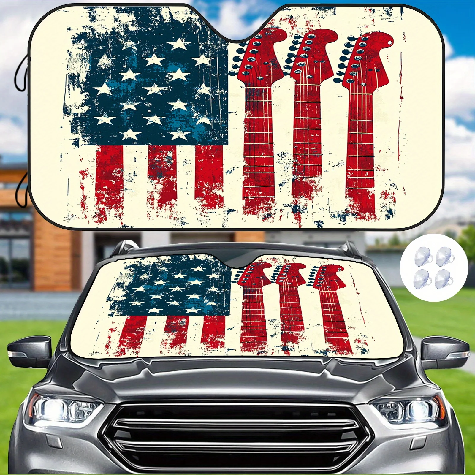 Rock Guitar Flag Car Sunshade, Stylish Heat Insulation Design To Keep Your Interior Trendy, Includes 4 Suction Cups