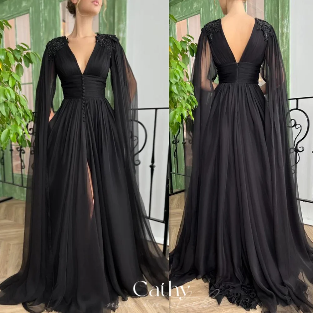 

Cathy Black Cape Floor Length Prom Dress Sexy Side Split Evening Gown Princess Tulle A-line Prom Dresses Vestidos De Fiesta