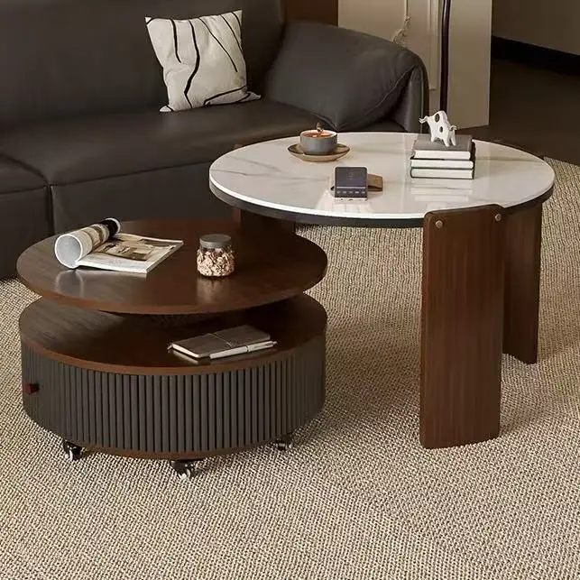 Medieval style rotating coffee table set with grooved base and wheels