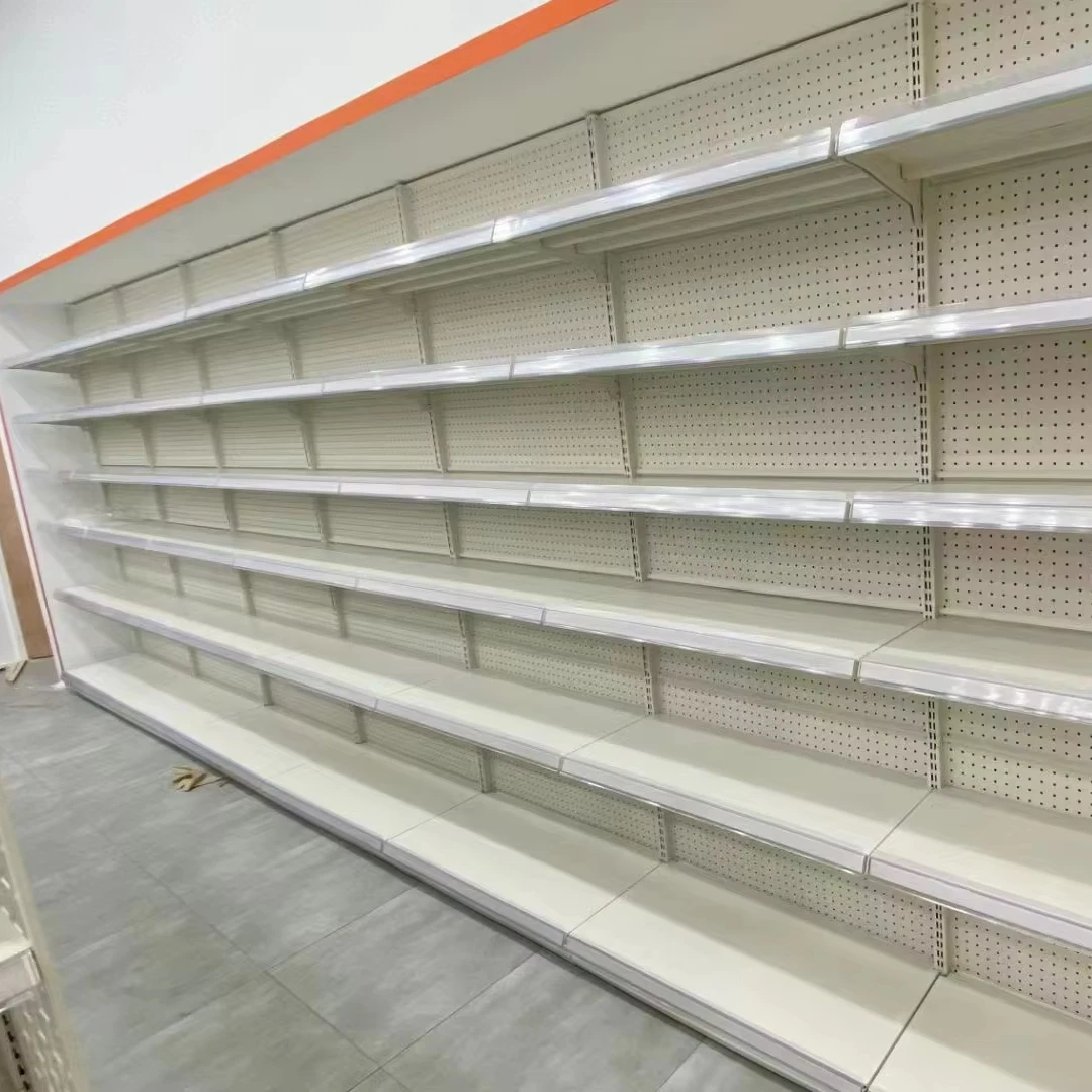 Double-Sided Grocery Display Rack Light Duty Supermarket Shelf Metal and Wood for Store Use Custom Size