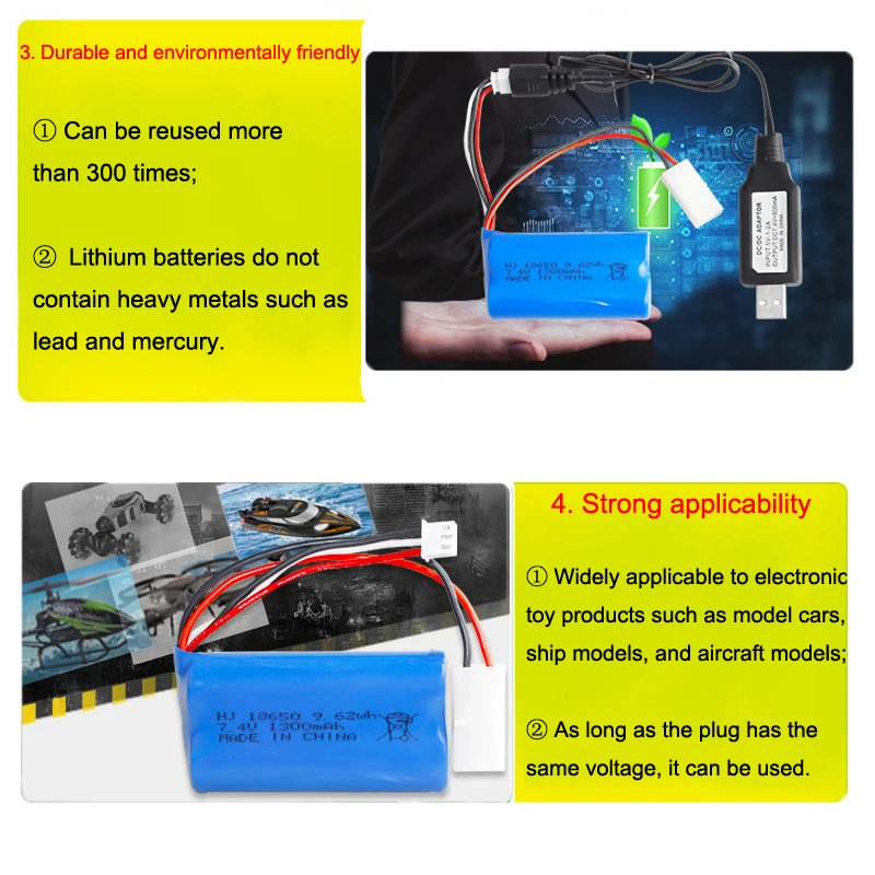 7.4v 1300mAh akumulator litowo-jonowy SM-2P wtyczka z kabel do ładowania USB do zegarka wykrywanie gestów skręconym pilotem samochód kaskaderski