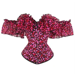 Sexy Red Lip Print Overbust Corsets Women Ruffles Short Sleeve Off Shoulder Bustier Tops Body Shaper Lingerie Corselet