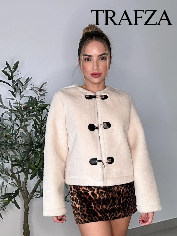 

TRAFZA Women Winter Warm Short Coat Woman Elegant Casual Long Sleeve O-Neck Single Breasted Decorate Loose Slim Jacket Coat
