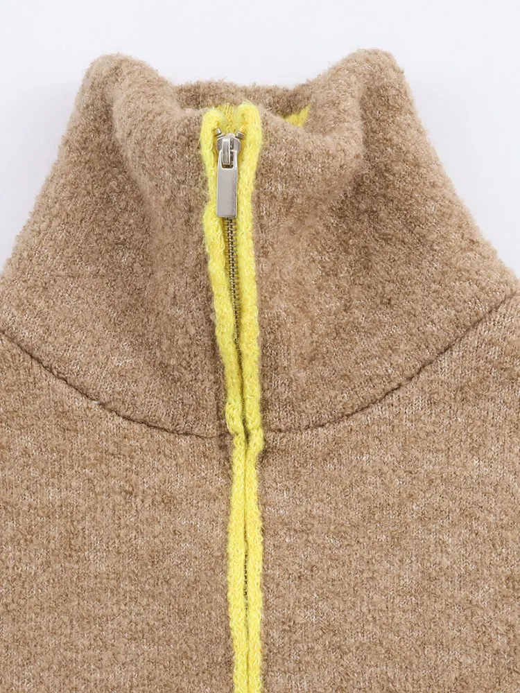 TFAFXY المرأة سترة سترة خريف شتاء محبوك عالية الرقبة طويلة الأكمام اللون حظر سستة معطف فضفاض الإناث رداء علوي غير رسمي ﻿