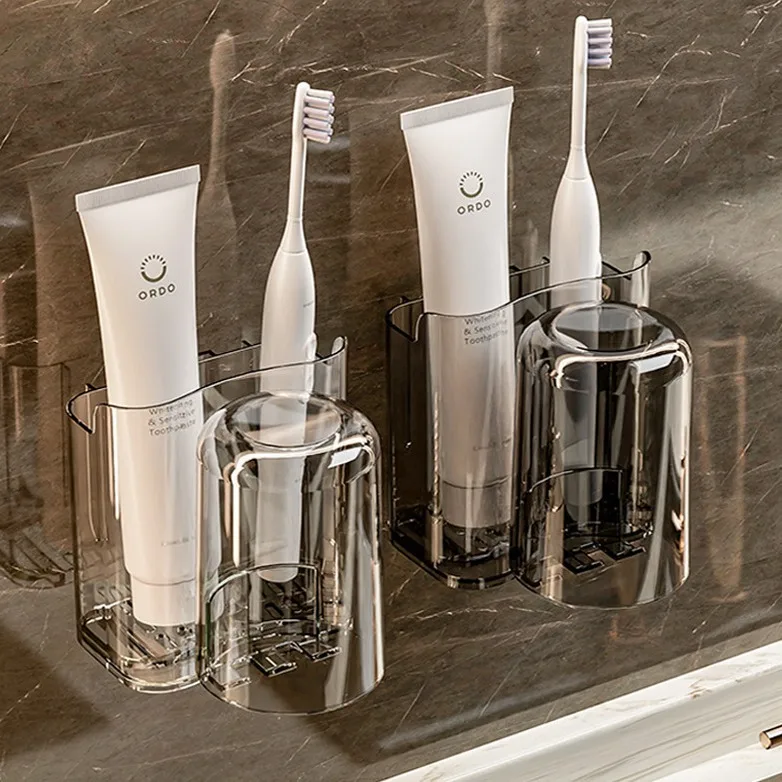 Bathroom Wall Mount Toothbrush Holder Set Multifunctional Drain Tooth Cup Organizer No Drilling Toothpaste Storage Rack